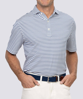 Gus Stripe Men's Performance Polo - Close - Turtleson -Luxe Blue Gus 