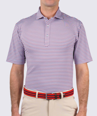 Sherman Stripe Performance Polo - front Luxe Blue/Vintage Red - Turtleson