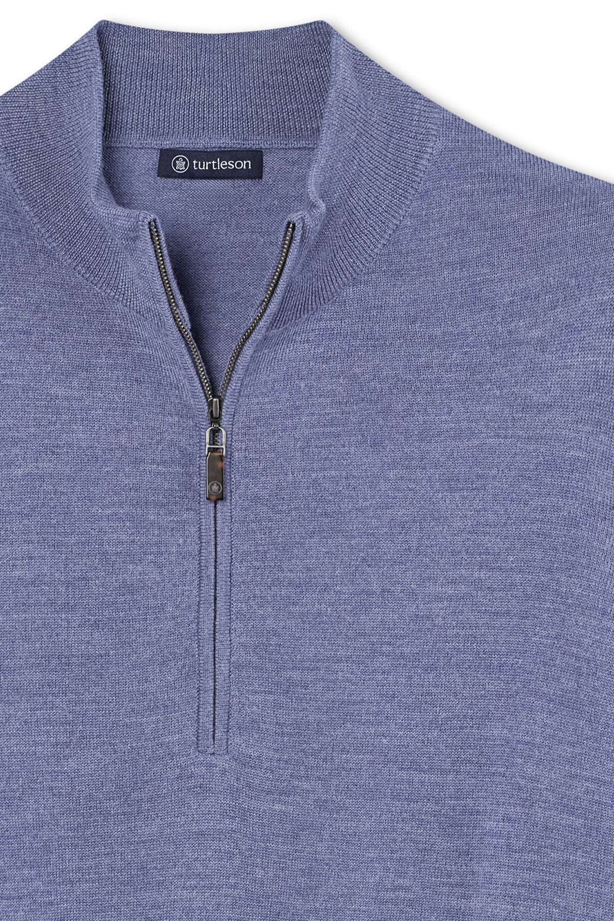 Original Marshall Merino sweater close-up in Blue Steel Heather, showing its fine knit, collar, Turtleson label and zipper