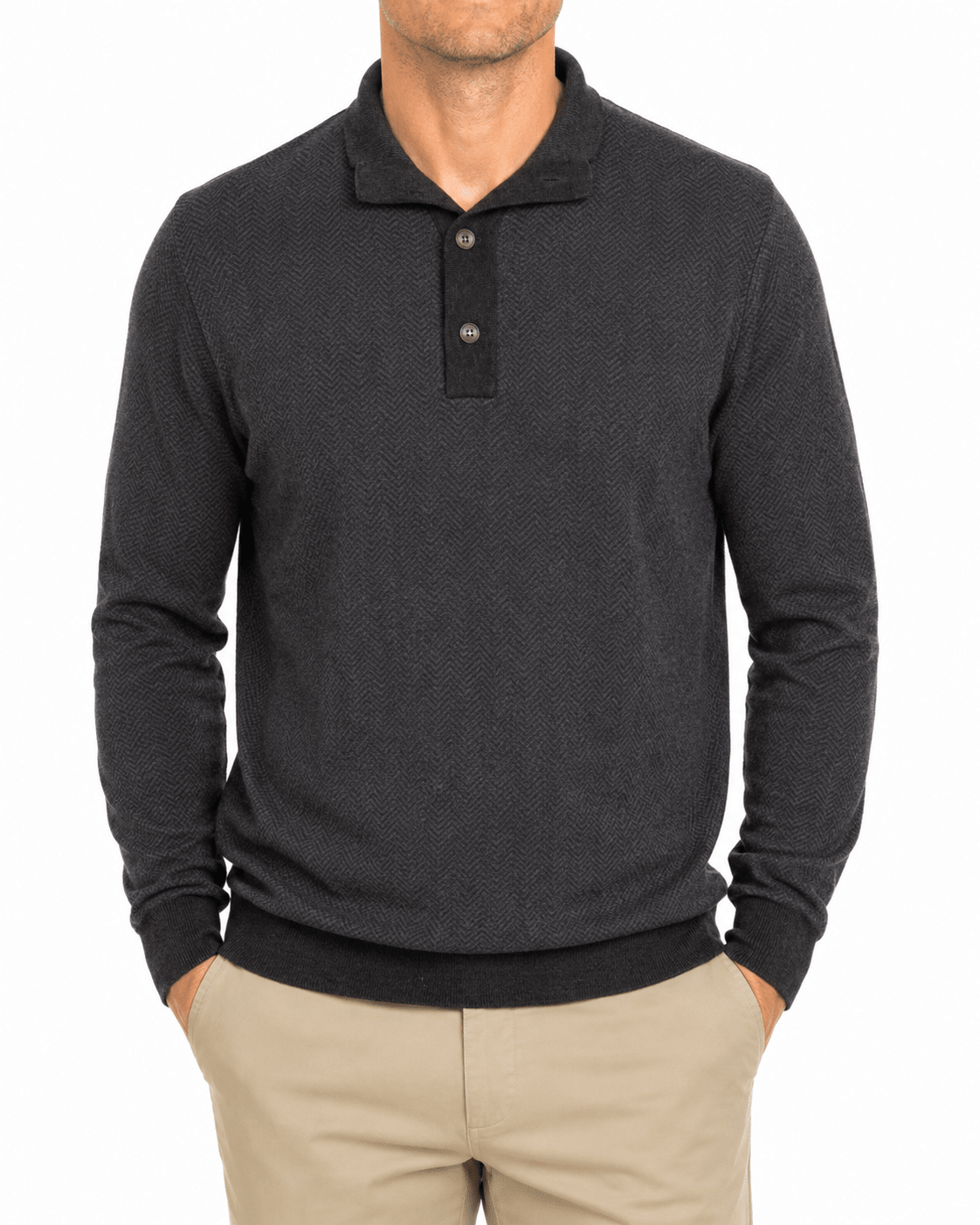 Fox Ridge textured quarter-button sweater worn with khaki trousers