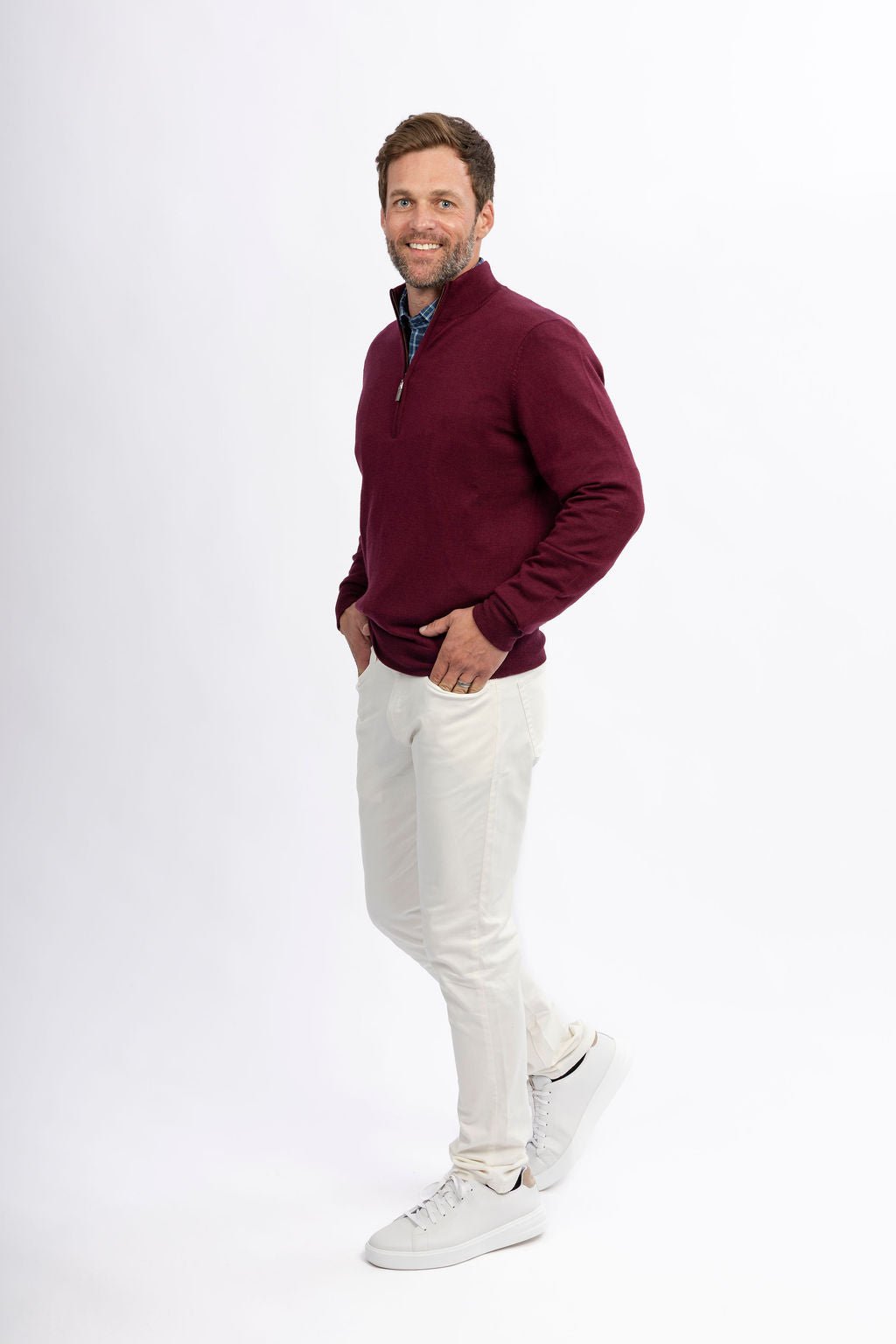 quarter zip sweater over dress shirt One of the best parts about the temperatures dropping is layering season! Check out this quarter zip sweater from @menswearhouse styled three different ways, all office-ready! , The first is the most